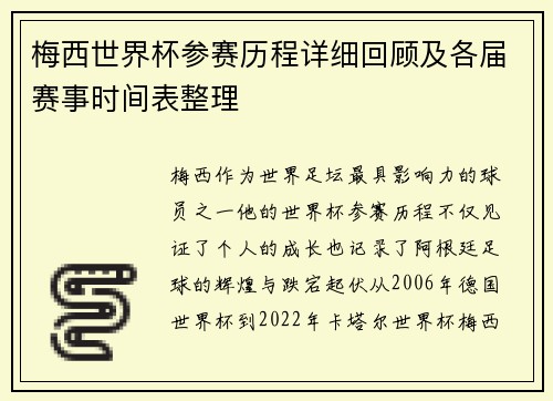 梅西世界杯参赛历程详细回顾及各届赛事时间表整理